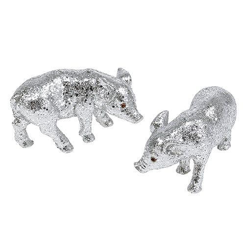 Floristik21 Schwein mit Glitter Silber 9cm 6St