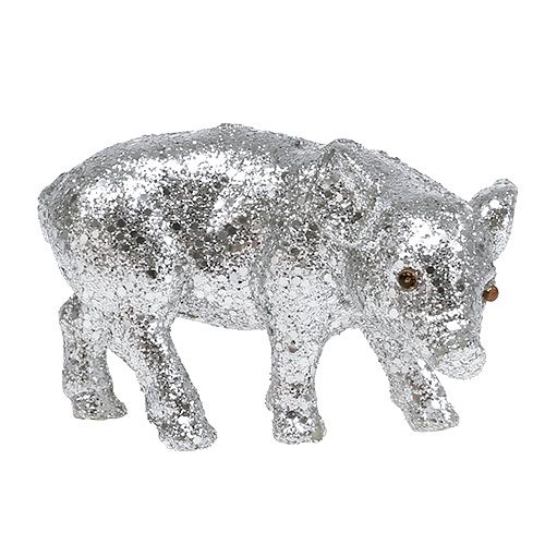 Artikel Schwein mit Glitter Silber 9cm 6St