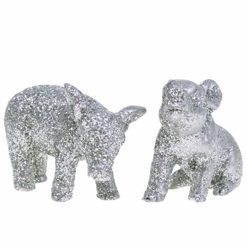 Floristik21 Deko Schwein Silvester-Deko Silber Glitzer 3,5cm 2St