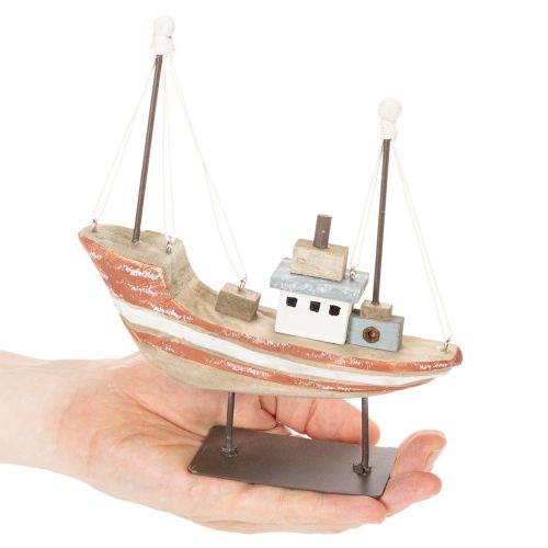 Dekoratives Holzboot Schiffsmodell 20 cm, Mehrfarbig mit Metallstandfuß | Floristik21.de