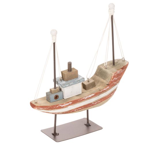 Dekoratives Holzboot Schiffsmodell 20 cm, Mehrfarbig mit Metallstandfuß | Floristik21.de