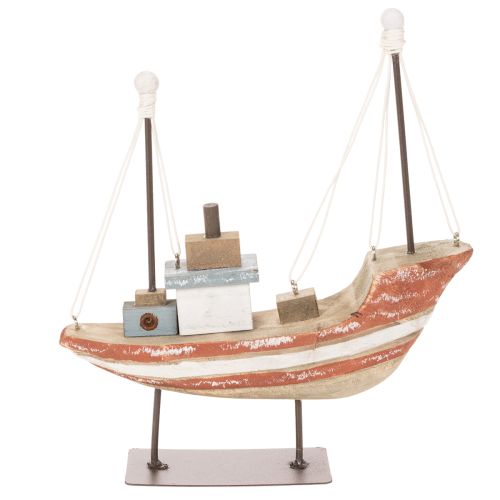 Dekoratives Holzboot Schiffsmodell 20 cm, Mehrfarbig mit Metallstandfuß | Floristik21.de