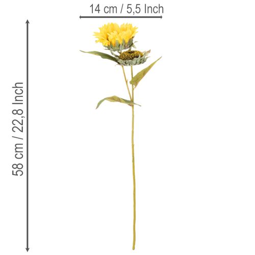 Artikel Künstliche Sonnenblumen 58cm, 3 Stiele, mit realistischen Blüten und Blättern, Gelb-Grün