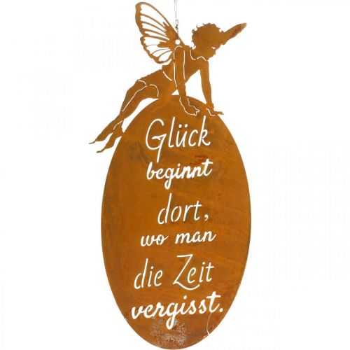 Floristik21 Metallschild Schmetterlingselfe, Schild zum Hängen, Dekohänger “Glück”, Metalldeko Edelrost 40×19cm