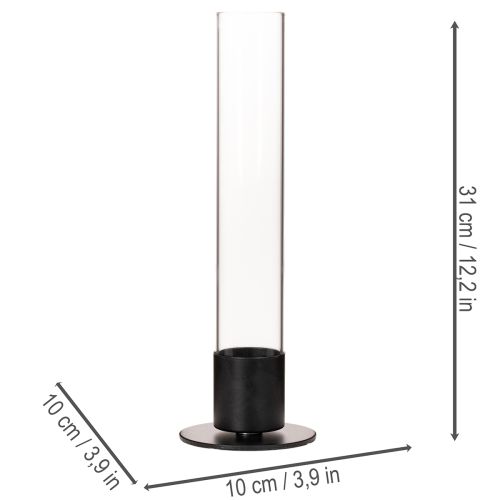 Stabkerzenhalter Metall mit Glaszylinder 31cm Schwarz/Transparent | Floristik21.de