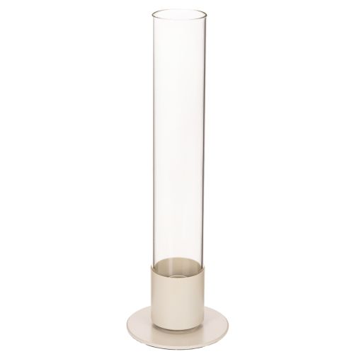 Stabkerzenhalter Metall mit Glaszylinder und Sockel 31cm Taupe