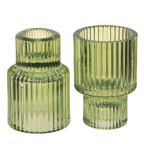 Artikel Glas Teelichthalter Grün Riffel-Optik für Stabkerzen & Teelichte, 8cm, 4er-Set