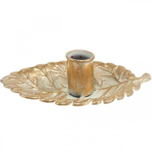 Floristik21 Stabkerzenhalter Teller Laubblatt Golden 16,5x10,5x5cm