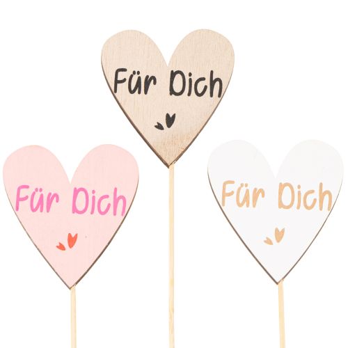 Herzstecker aus Holz mit Schriftzug "Für Dich" 31 cm, Natur, Rosa, Weiß, 12 Stück