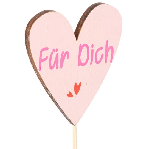 Herzstecker aus Holz mit Schriftzug "Für Dich" 31 cm, Natur, Rosa, Weiß, 12 Stück | Floristik21.de