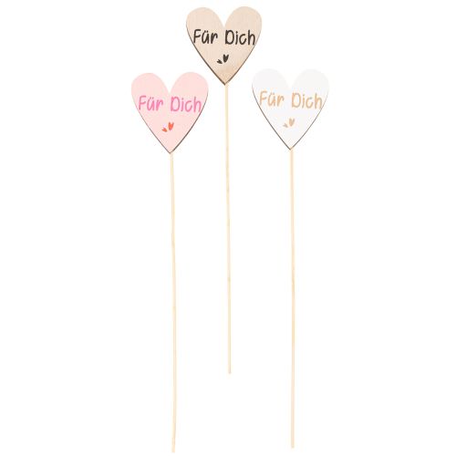 Herzstecker aus Holz mit Schriftzug "Für Dich" 31 cm, Natur, Rosa, Weiß, 12 Stück | Floristik21.de