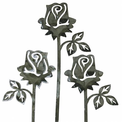 Floristik21 Metallstecker Rose Silber-Grau, Weiß gewaschen Metall 20cm × 8cm 12St