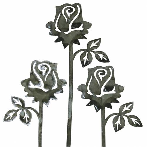 Floristik21 Metallstecker Rose Silber-Grau, Weiß gewaschen Metall 20cm × 8cm 12 St