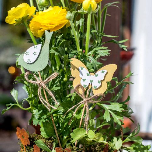 Artikel Stecker Vogel Schmetterling, Holzdeko, Pflanzenstecker Frühlingsdeko Grün, Gelb L24/25cm 12St