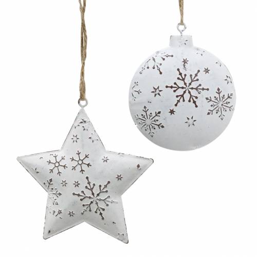 Deko-Hänger Stern und Christbaumkugel mit Schneeflocken Metall Weiß Ø9,5/7,6cm H10/9,2cm 4St