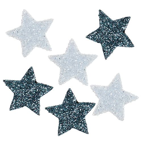 Floristik21 Sterne Mini 1,5cm Weiß, Blau mit Glimmer 144St