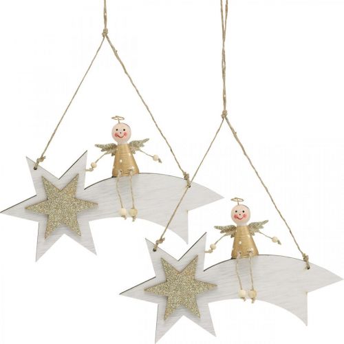 Floristik21 Engel auf Sternschnuppe, Weihnachtsdeko zum Hängen, Advent Weiß, Golden H13cm B21,5cm 2St