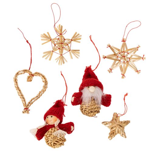 Strohanhänger Set mit Figuren und Sternen 4–6cm 30-teilig Natur-Rot für Innenbereich