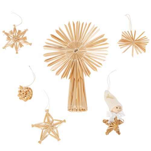 Set aus 35 Strohsternen und Figuren für Christbaumschmuck, naturfarbene Dekoration
