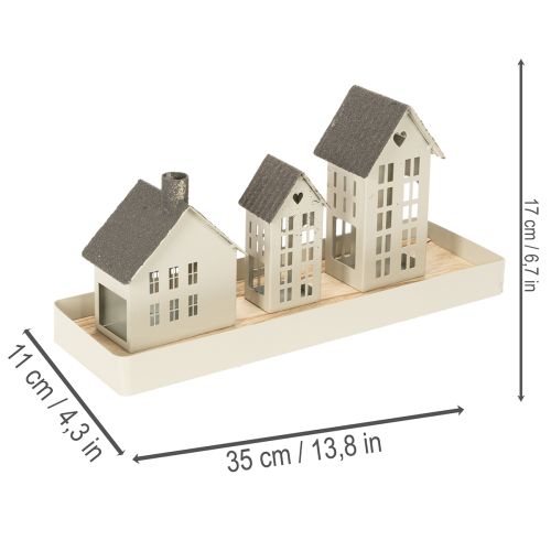 Lichthaus Set aus Metall mit 3 Häusern auf Tablett, Grau, 35 cm | Floristik21.de