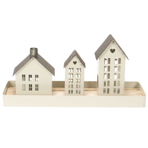 Lichthaus Set aus Metall mit 3 Häusern auf Tablett, Grau, 35 cm | Floristik21.de
