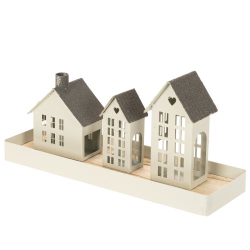 Lichthaus Set aus Metall mit 3 Häusern auf Tablett, Grau, 35 cm | Floristik21.de