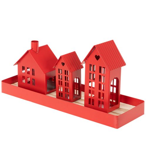 Metall Windlicht Häuser Set Rot mit Tablett 35 cm 1 Set | Floristik21.de