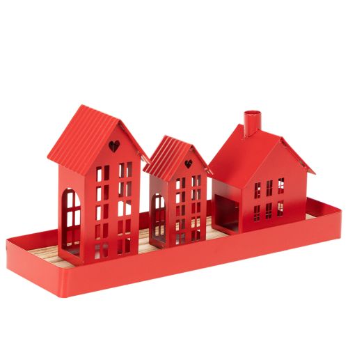Metall Windlicht Häuser Set Rot mit Tablett 35 cm 1 Set | Floristik21.de