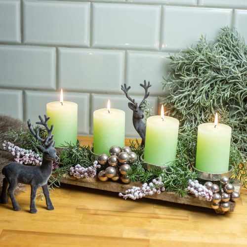 Tablett mit 4 Kerzenhaltern, Adventsdeko, Kerzenständer, Mangoholz Weiß gewaschen 47×14×9cm Ø8cm