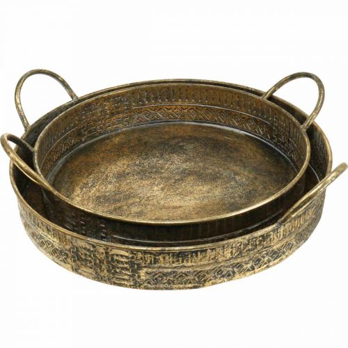 Dekoschale mit Griffen, Pflanztablett gemustert, Metallgefäß Golden, Antik-Optik B45,5/42cm Ø39,5/34cm 2er-Set