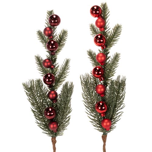Künstlicher Tannenzweig mit roten Weihnachtskugeln 48cm 2er-Set