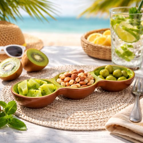 Artikel Keramikschale mit Kiwi-Motiv, 30 cm, handbemalt, dreigeteilt, für Sommerdeko, Snacks und Tapas