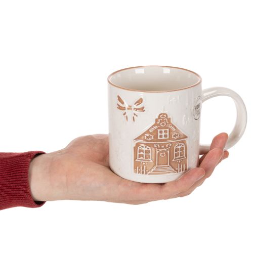 Keramiktasse 9cm mit Hausmotiv und Relief in Beige-Braun | Floristik21.de
