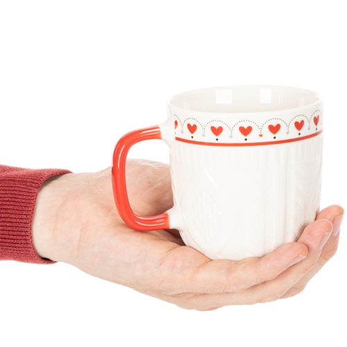 Kaffeetassen aus Keramik 9cm Rot-Weiß Strickmuster Herzmotiv 2er-Set | Floristik21.de