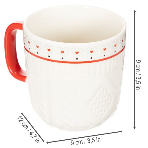 Kaffeetassen aus Keramik 9cm Rot-Weiß Strickmuster Herzmotiv 2er-Set | Floristik21.de