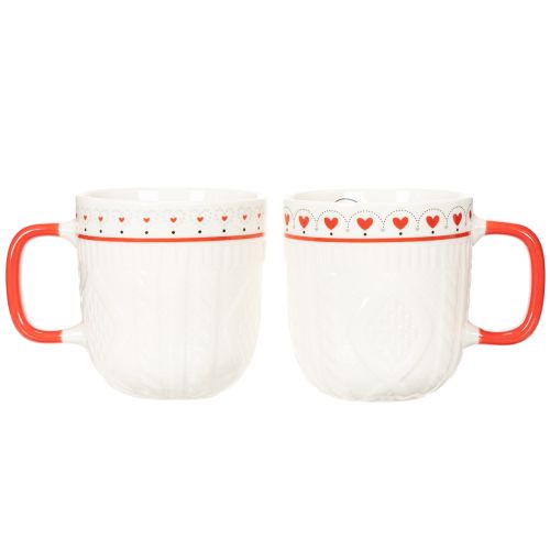 Kaffeetassen aus Keramik 9cm Rot-Weiß Strickmuster Herzmotiv 2er-Set