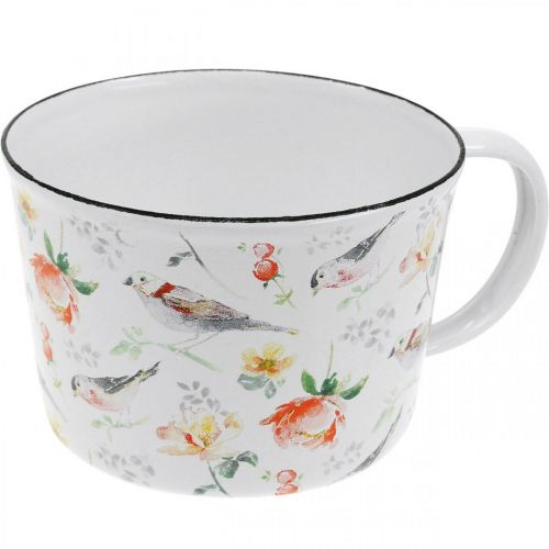 Floristik21 Pflanztasse Vögel / Blumen, Übertopf, Deko-Tasse aus Emaille, Pflanzgefäß Ø10cm H7cm