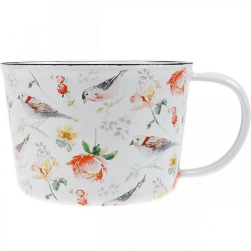 Floristik21 Pflanztasse Vögel / Blumen, Übertopf, Deko-Tasse aus Emaille, Pflanzgefäß Ø10cm H7cm