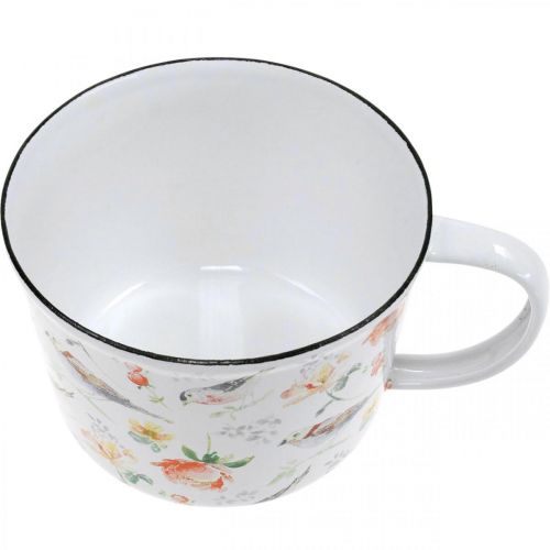 Floristik21 Pflanztasse Vögel / Blumen, Übertopf, Deko-Tasse aus Emaille, Pflanzgefäß Ø10cm H7cm