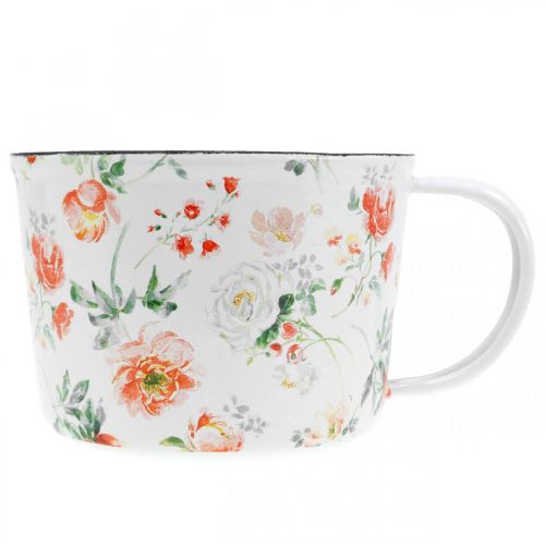 Pflanztasse aus Emaille, Deko-Tasse mit Rosendekor, Übertopf Ø10cm H7cm