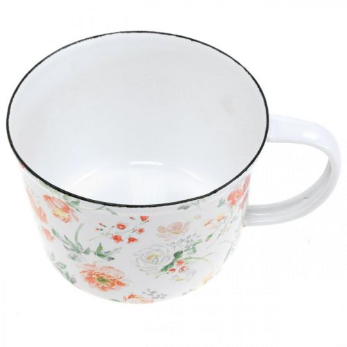 Floristik21 Pflanztasse aus Emaille, Deko-Tasse mit Rosendekor, Übertopf Ø10cm H7cm