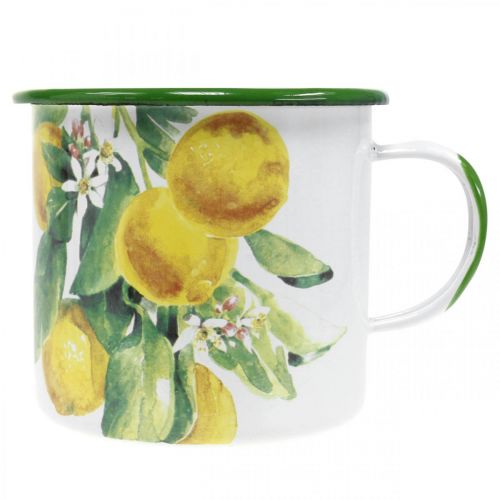 Artikel Pflanztasse aus Emaille, Deko-Tasse mit Zitronenzweig, Übertopf mediterran Ø9,5cm H10cm