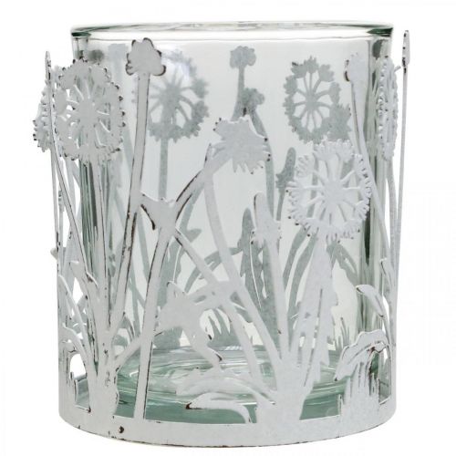 Floristik21 Windlicht mit Pusteblumen, Tischschmuck, Sommerdeko Shabby Chic Silbern, Weiß H10cm Ø8,5cm