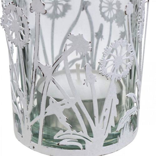 Floristik21 Windlicht mit Pusteblumen, Tischschmuck, Sommerdeko Shabby Chic Silbern, Weiß H10cm Ø8,5cm