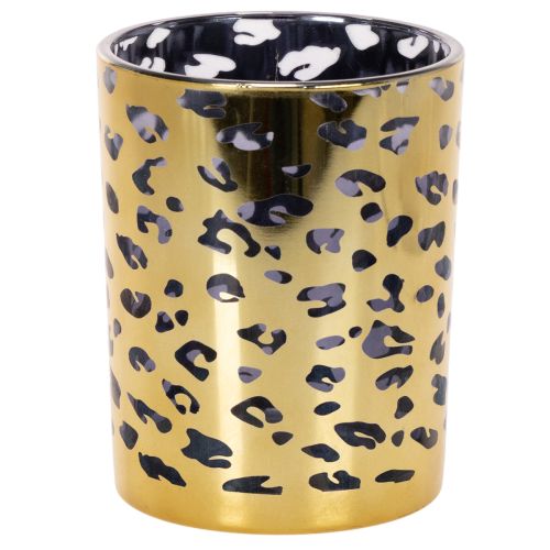 Windlicht aus Glas, Leopardenmuster, 12 cm hoch, goldfarben, für Tischdekoration