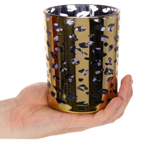 Windlicht aus Glas, Leopardenmuster, 12 cm hoch, goldfarben, für Tischdekoration | Floristik21.de