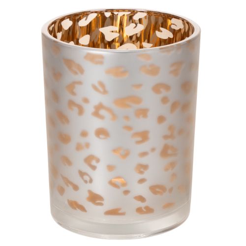 Artikel Teelichthalter Glas 12cm Leopardenmuster Silber-Gold