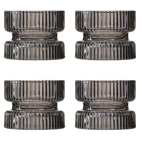 Artikel Teelichthalter Glas geriffelt, Grauton, Ø9cm H7cm, vielseitig einsetzbar, 4er-Set
