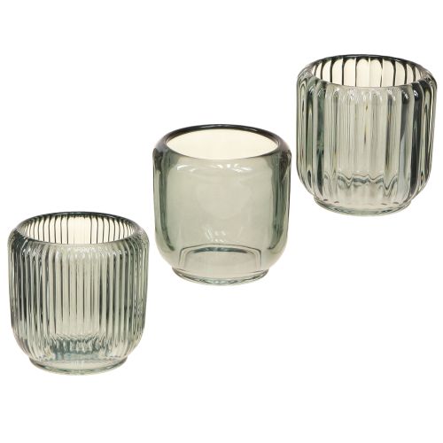 Artikel Teelichthalter Glas Grau Rillen Dekor 8cm Vintage-Stil 6er Set