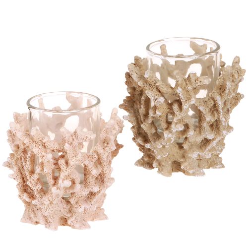 Teelichthalter Korallen Deko maritim Creme Braun 2St Tischdeko Sommer Look durch Polyresin